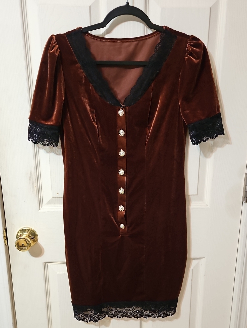 Women's Velvet Lace-Trim Brown Dress